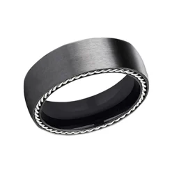 Black Titanium Silver Rope Edge Wedding Band