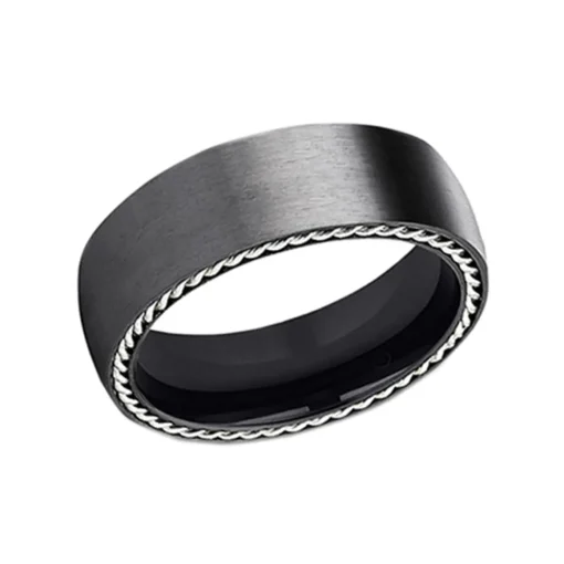 Black Titanium Silver Rope Edge Wedding Band
