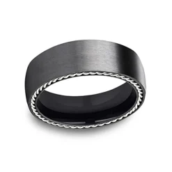 Black Titanium Silver Rope Edge Wedding Band