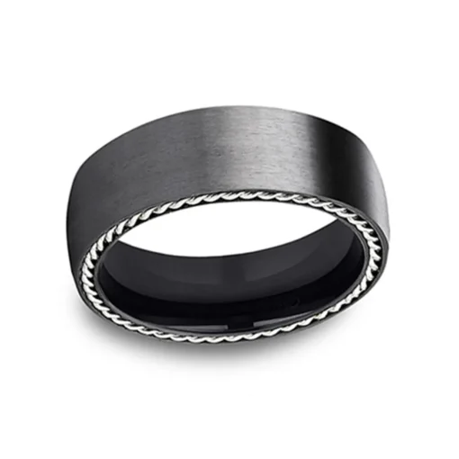 Black Titanium Silver Rope Edge Wedding Band