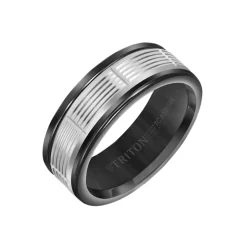 Black Tungsten and 14K White Gold Serrated Band