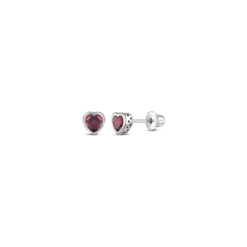 Chlidren’s Sterling Silver Red Cubic Zirconia Heart Stud Earrings