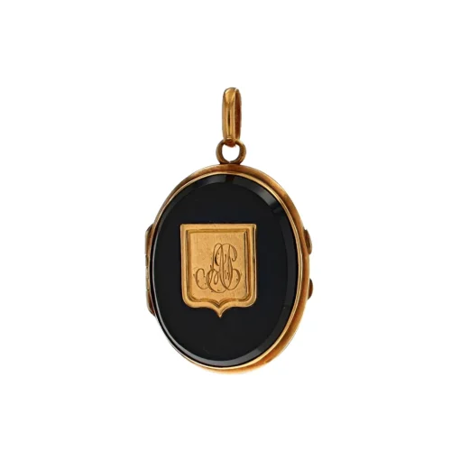 Estate 18K Yellow Gold Onyx Engraved Locket