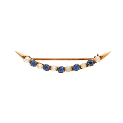 Estate 14K Yellow Gold Pearl and Blue Sapphire Brooch