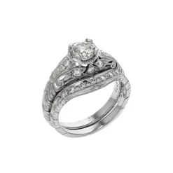 Estate Platinum Hand Engraved Diamond Wedding Set