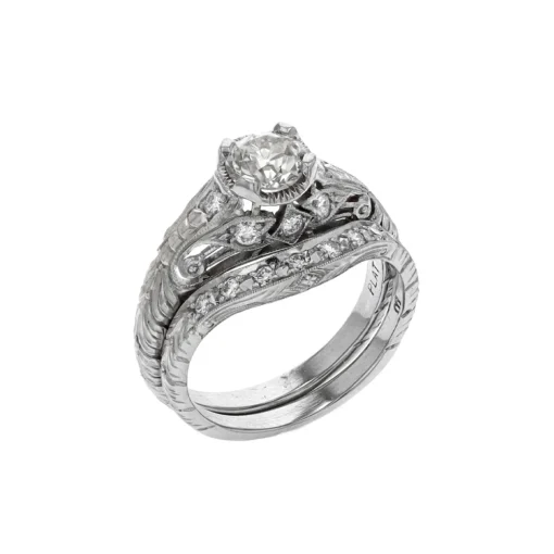 Estate Platinum Hand Engraved Diamond Wedding Set