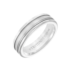Gray Tungsten and 14K White Gold Step Edge Band