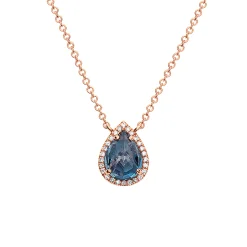 14K Rose Gold Pear Blue Topaz and Diamond Necklace