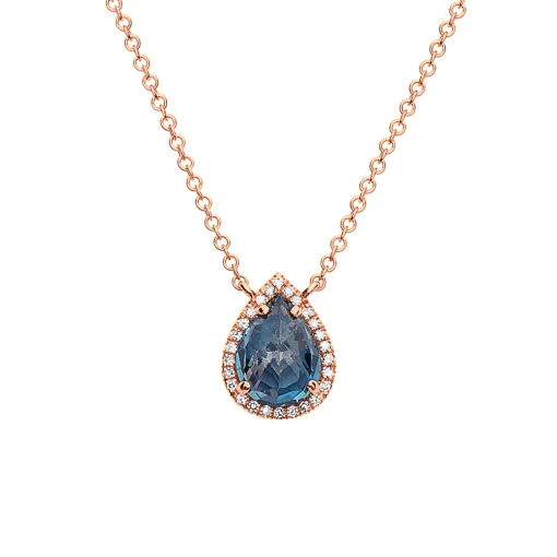 14K Rose Gold Pear Blue Topaz and Diamond Necklace