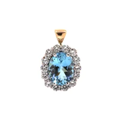 14K Two-Tone Oval Aquamarine and Diamond Halo Pendant