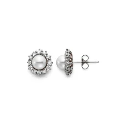 18K White Gold 7.5 mm Cultured Pearl and Diamond Halo Earrings