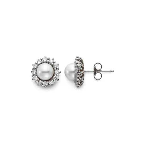 18K White Gold 7.5 mm Cultured Pearl and Diamond Halo Earrings