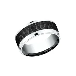 14K White Gold and Black Titanium Hammered Wedding Band