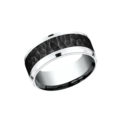 14K White Gold and Black Titanium Hammered Wedding Band