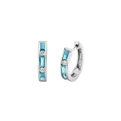 14K White Gold Aquamarine and Diamond Huggie Hoop Earrings