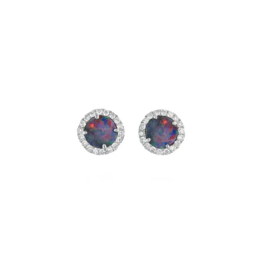 14K White Gold Australian Opal Doublet and Diamond Earrings