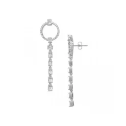 14K White Gold Baguette and Round Diamond Dangle Earrings