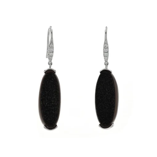 14K White Gold Black Oval Drusy and Diamond Earrings