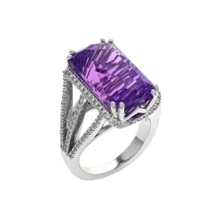 14K White Gold Concave Amethyst and Diamond Ring