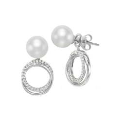 14K White Gold Cultured Pearl and Diamond Circle Swirl Earrings