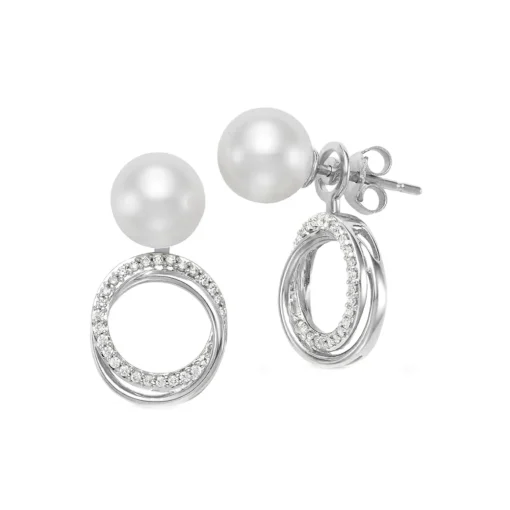 14K White Gold Cultured Pearl and Diamond Circle Swirl Earrings