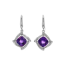 14K White Gold Cushion Amethyst and Diamond Earrings