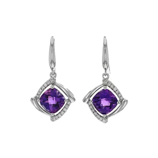 14K White Gold Cushion Amethyst and Diamond Earrings