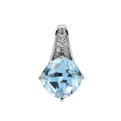 14K White Gold Cushion Cut Aquamarine and Diamond Pendant