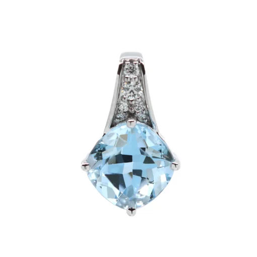 14K White Gold Cushion Cut Aquamarine and Diamond Pendant
