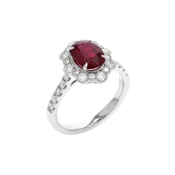 14K White Gold Cushion Ruby and Diamond Halo Ring
