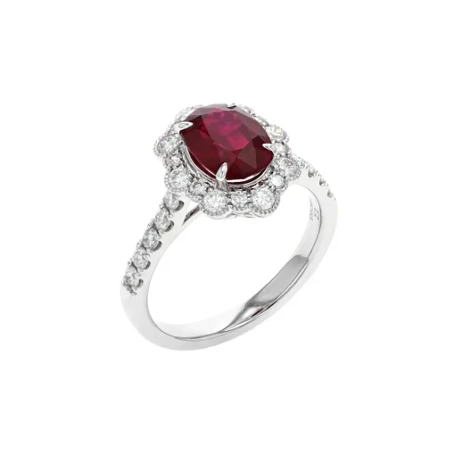 14K White Gold Cushion Ruby and Diamond Halo Ring