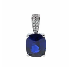 14K White Gold Cushion Sapphire Pendant with Diamond Bail