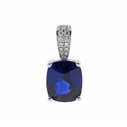 14K White Gold Cushion Sapphire Pendant with Diamond Bail