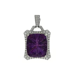 14K White Gold Cushion Starbrite Amethyst and Diamond Pendant