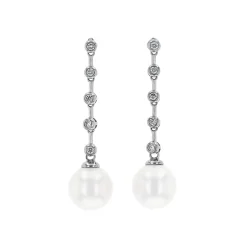 18K White Gold Diamond Bezel and Pearl Dangle Earrings