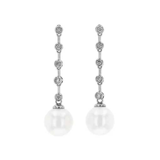 18K White Gold Diamond Bezel and Pearl Dangle Earrings