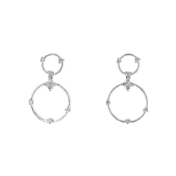 14K White Gold Diamond Double Circle Dangle Earrings