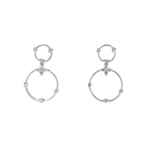 14K White Gold Diamond Double Circle Dangle Earrings