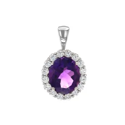 14K White Gold Diamond Halo Amethyst Pendant