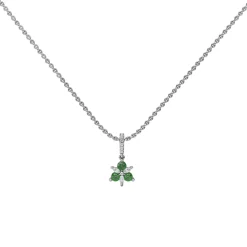14K White Gold Emerald and Diamond Cluster Pendant with Chain