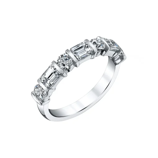18K White Gold Emerald-Cut and Round Diamond Wedding Band