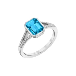 14K White Gold Emerald-Cut Blue Topaz and Diamond Ring