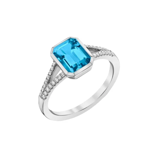 14K White Gold Emerald-Cut Blue Topaz and Diamond Ring