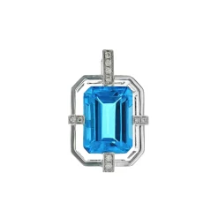 14K White Gold Emerald-Cut Blue Topaz and Diamond Pendant
