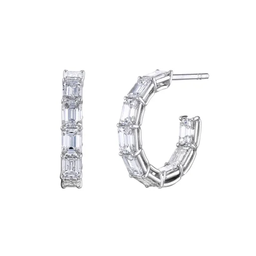18K White Gold Emerald-Cut Diamond Hoop Earrings