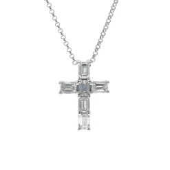18K White Gold Emerald-Cut Diamond Cross Necklace