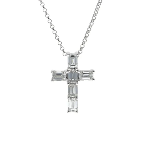 18K White Gold Emerald-Cut Diamond Cross Necklace