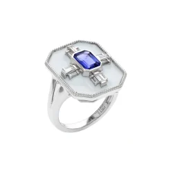 14K White Gold Emerald-Cut Tanzanite and Diamond Ring