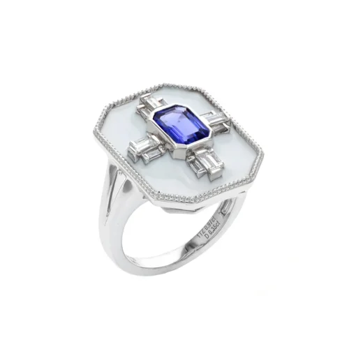 14K White Gold Emerald-Cut Tanzanite and Diamond Ring