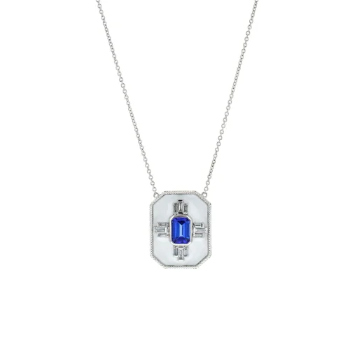 14K White Gold Emerald-Cut Tanzanite and Diamond Necklace